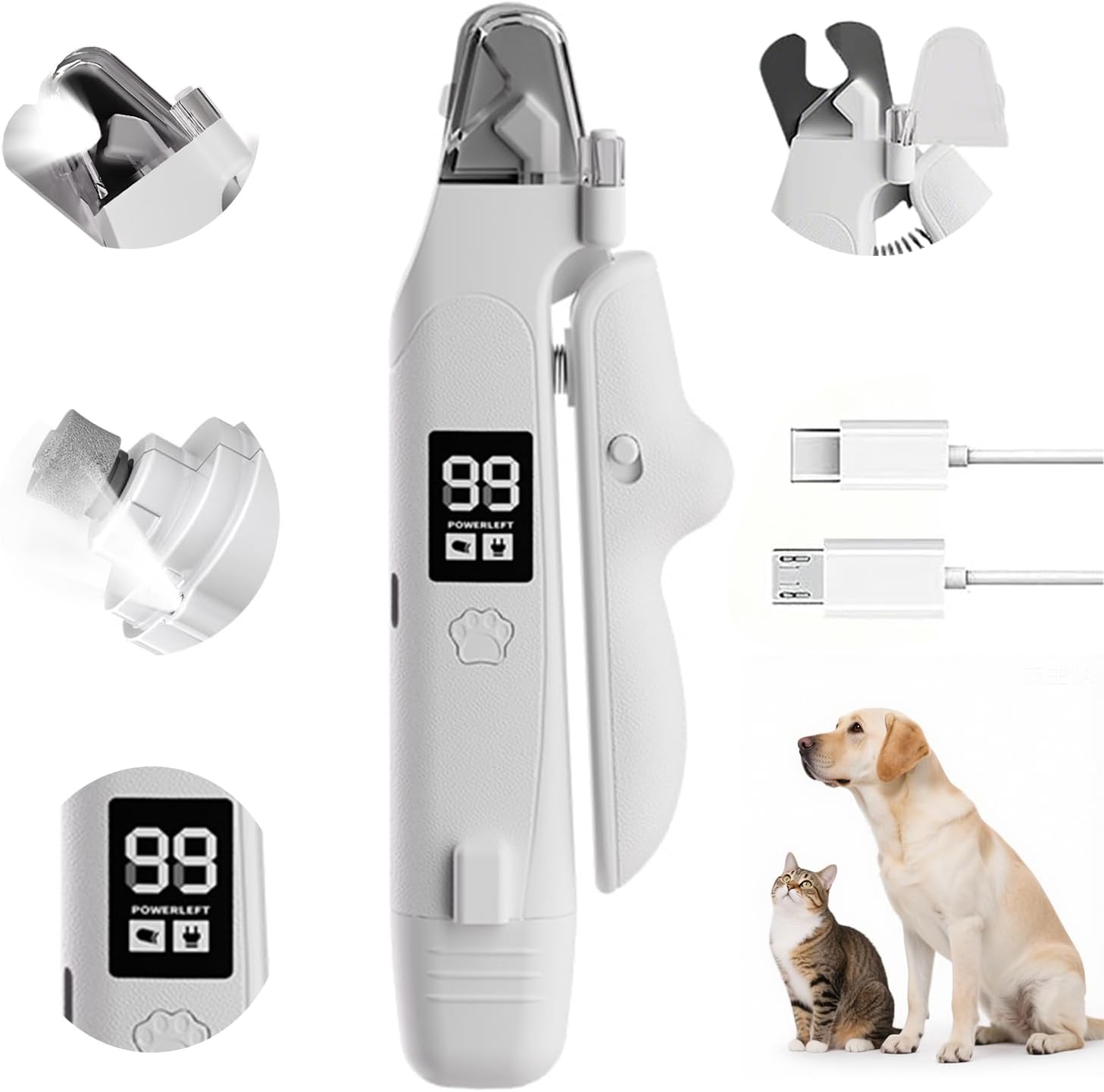 Cortauñas y lima eléctrica 2 en 1 para mascotas con luz LED y detector de vasos sanguíneos