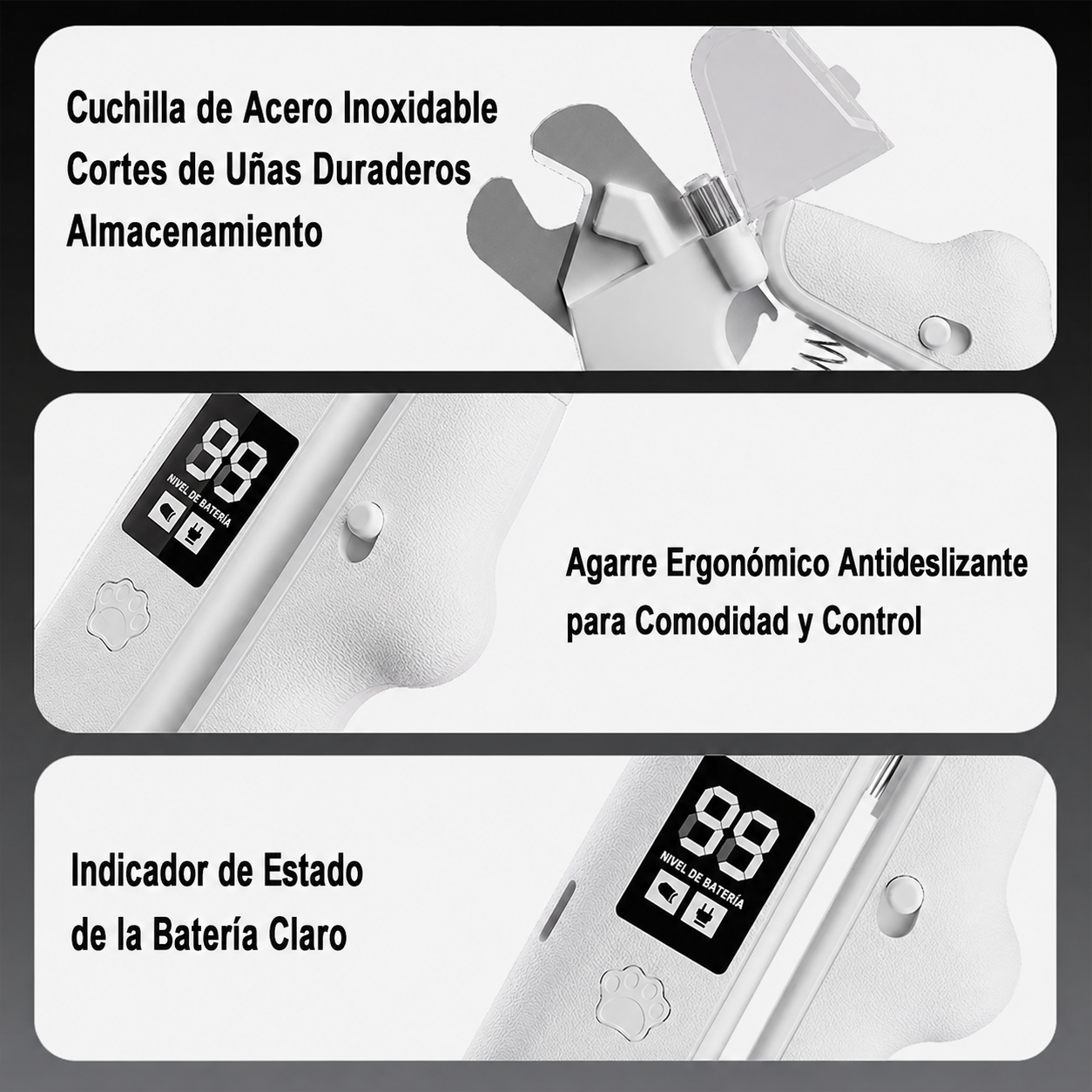 Cortauñas y lima eléctrica 2 en 1 para mascotas con luz LED y detector de vasos sanguíneos