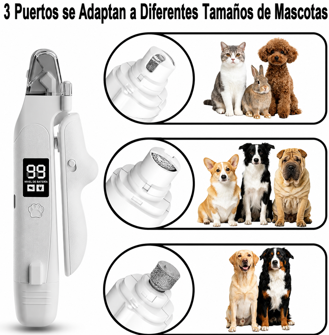 Cortauñas y lima eléctrica 2 en 1 para mascotas con luz LED y detector de vasos sanguíneos