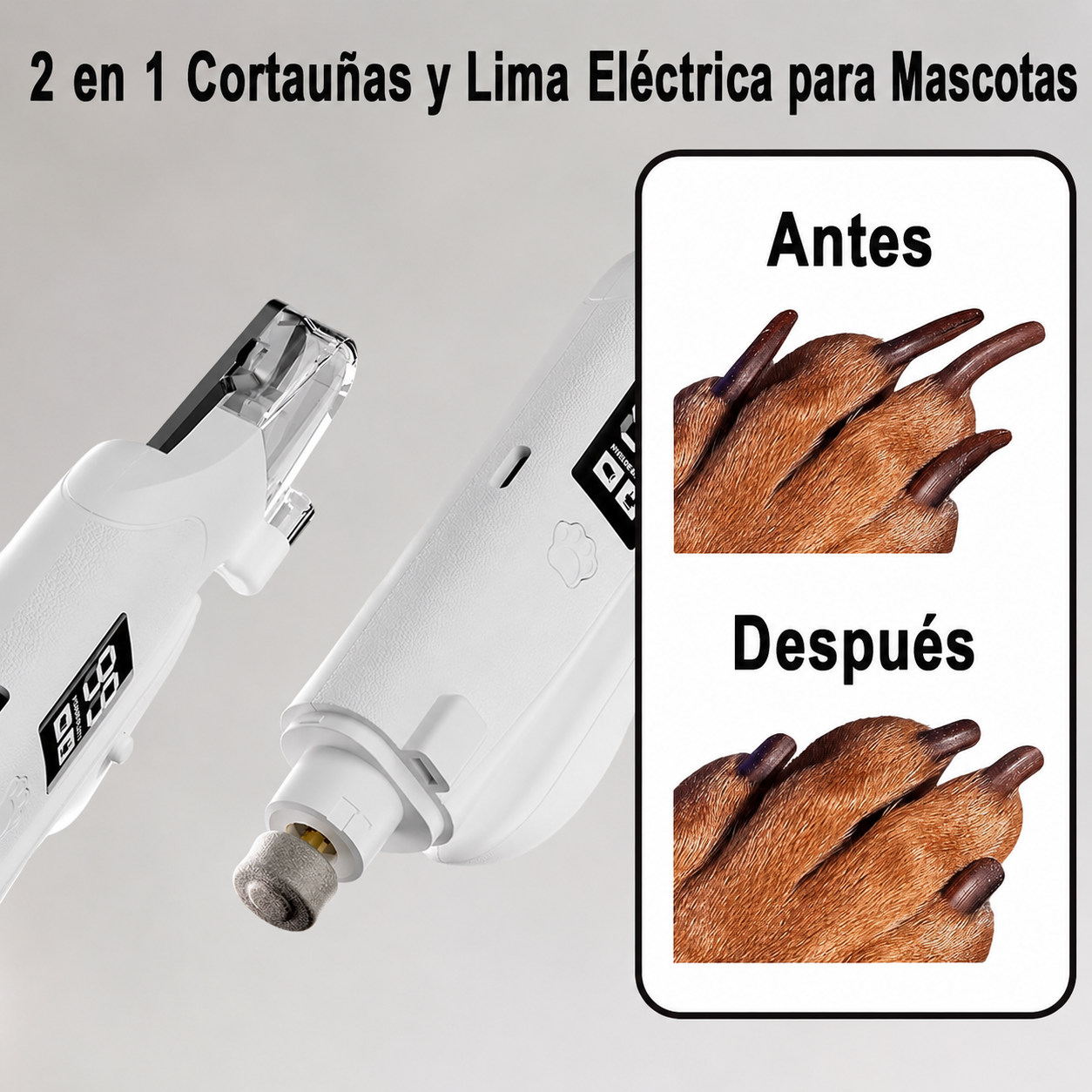 Cortauñas y lima eléctrica 2 en 1 para mascotas con luz LED y detector de vasos sanguíneos