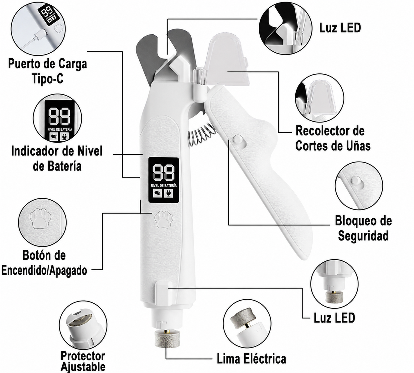 Cortauñas y lima eléctrica 2 en 1 para mascotas con luz LED y detector de vasos sanguíneos